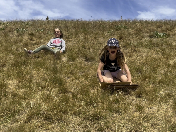 Girls on cardboard sliding down hill